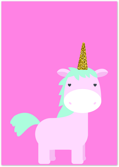 Illustrated pastel pink unicorn with mint mane, gold glitter horn and heart eyes on pink background