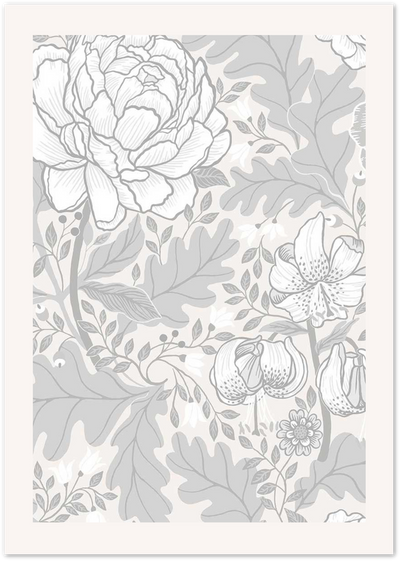 Grey and white line art poster of peonies, lilies and oak leaves on cream background
