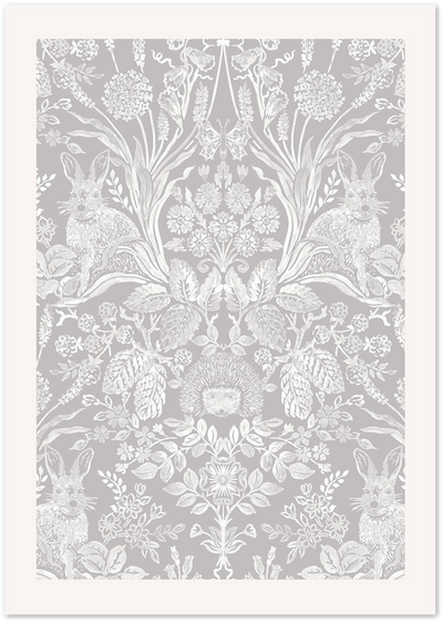 Grey and white symmetrical damask poster with rabbits, hedgehog, butterfly and floral motifs
