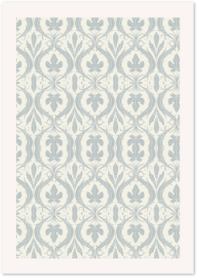 Symmetrical grey damask pattern with stylised leaves and feathers on ivory background