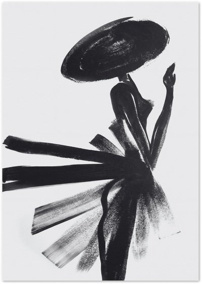 Black and white fashion illustration of a woman in a wide-brim hat and flowing dress