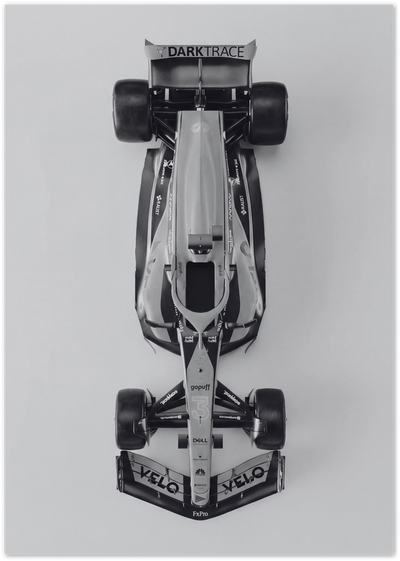 Top-down black and white photo of a Formula 1 race car with sponsor logos