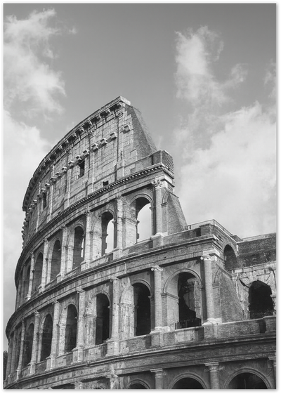 Black and white photograph of the Colosseum in Rome against a cloudy sky