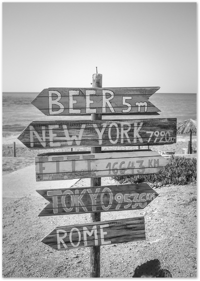 Black and white photo of a wooden beach signpost pointing to Beer, New York, Fiji, Tokyo and Rome