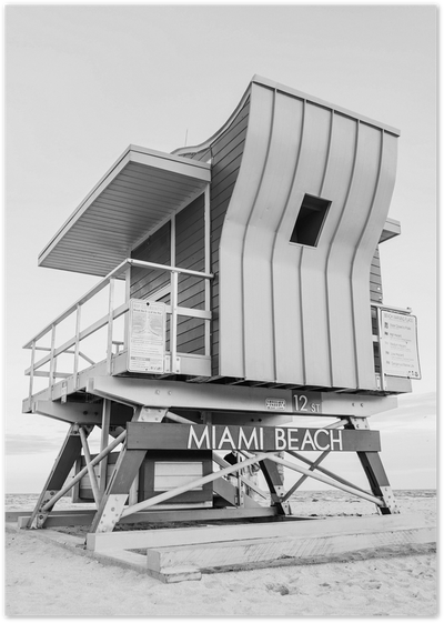 Black and white photo of the Art Deco 12th Street lifeguard tower on Miami Beach