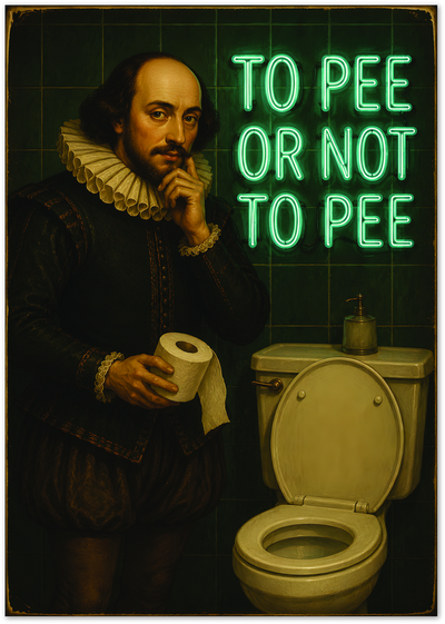 Renaissance-style portrait of Shakespeare holding toilet paper beside a toilet and neon pee sign