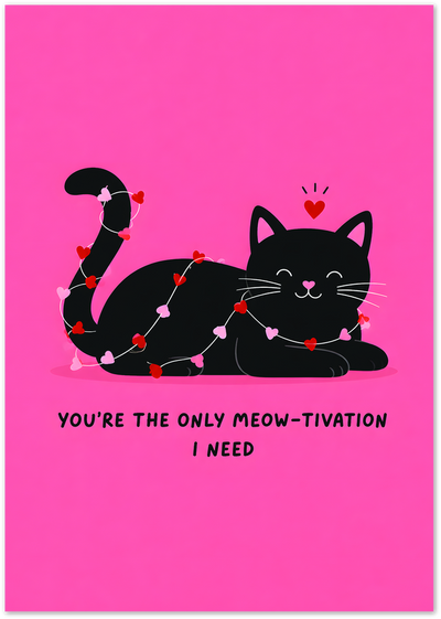Illustrated black cat wrapped in hearts on pink background with meow-tivation quote