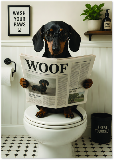 Illustration of a dachshund wearing glasses reading a newspaper while sitting on a toilet