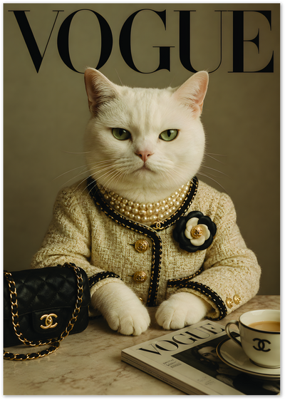 White cat dressed in a tweed jacket and pearls on a fashion magazine style cover