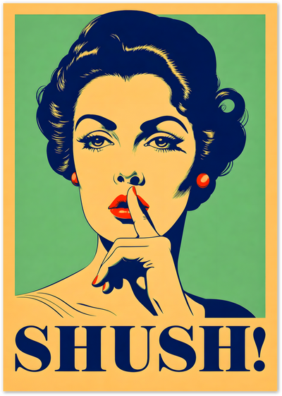 Retro pop art poster of a woman with red lips holding finger to mouth, text SHUSH!