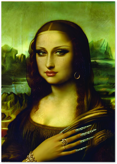 Reimagined Mona Lisa portrait with modern makeup, gold jewelry and glossy nails against a green landscape